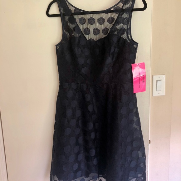 Sleeveless Illusion Polka Dot Dress Navy - Picture 3 of 5